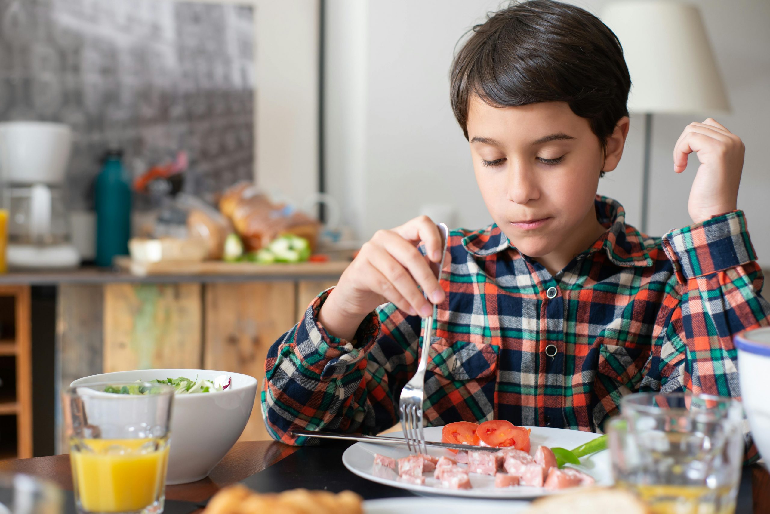 boy wearing a plaid top having a nutritious meal at home
