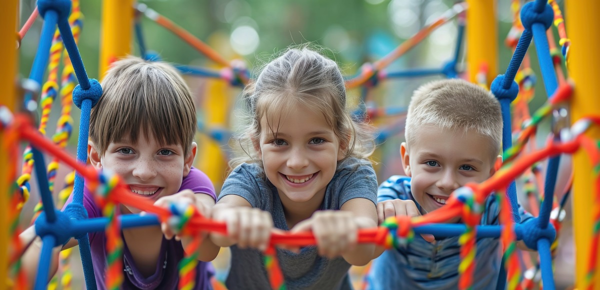 three kids playing in an adventure course